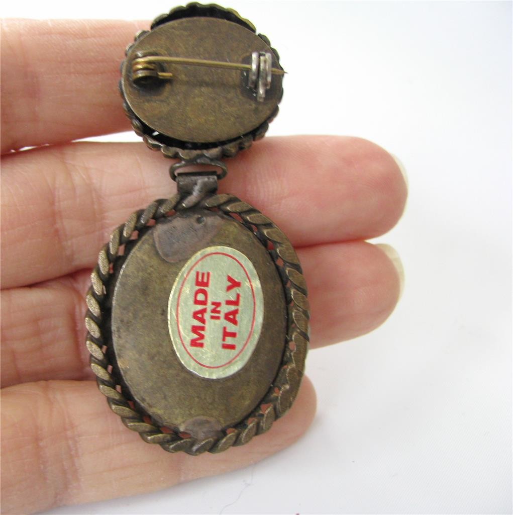 Vintage Italy Textured Doorknocker Brooch Pin Large Rhinestone Gold tone