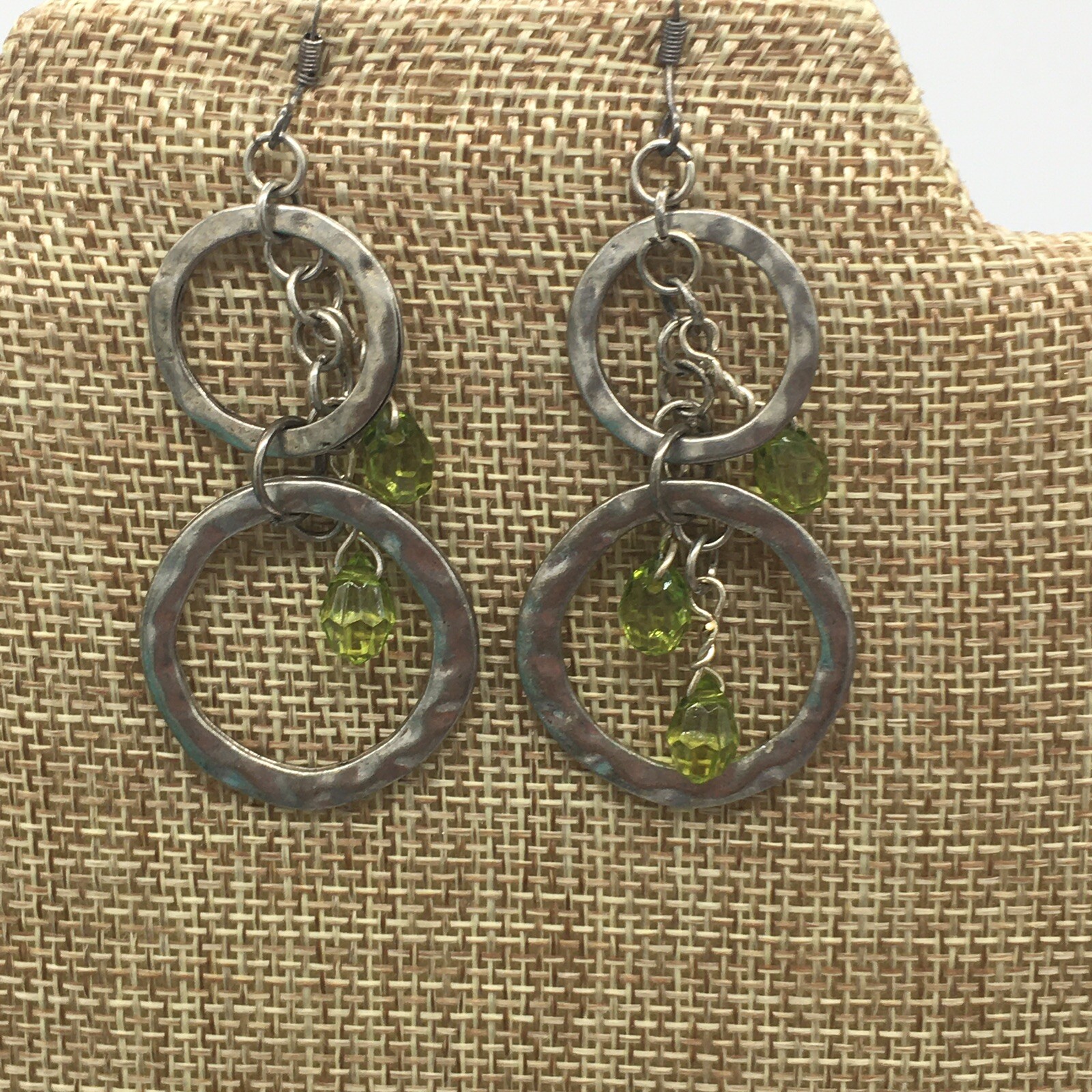 Double Hoop Dangle Fish Hook Earrings With Acrylic Green Beads Approximately 2”