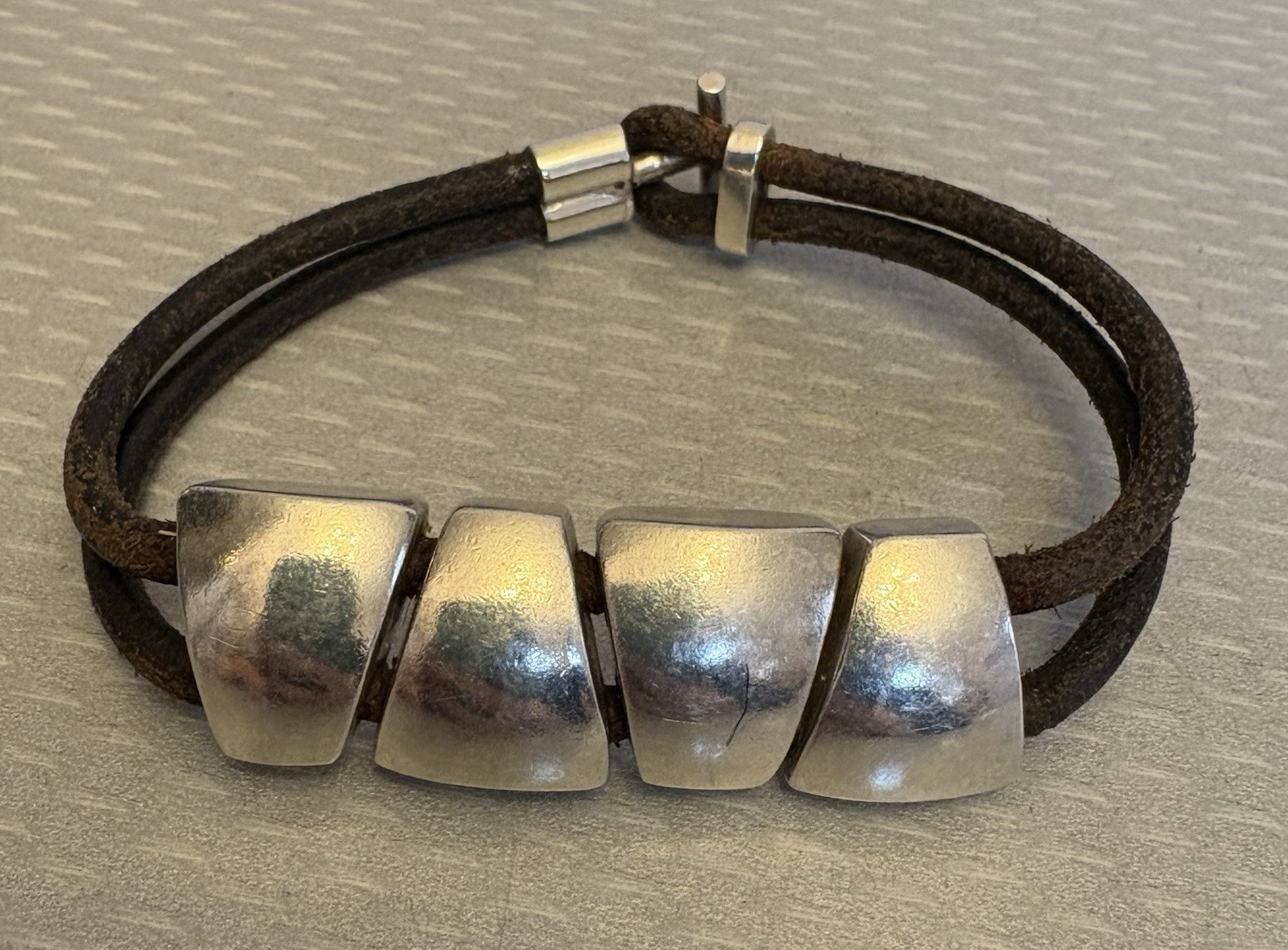 925 Taxco Mexico Modernist Sterling Silver Chunk Bracelet Leather Cord Toggle