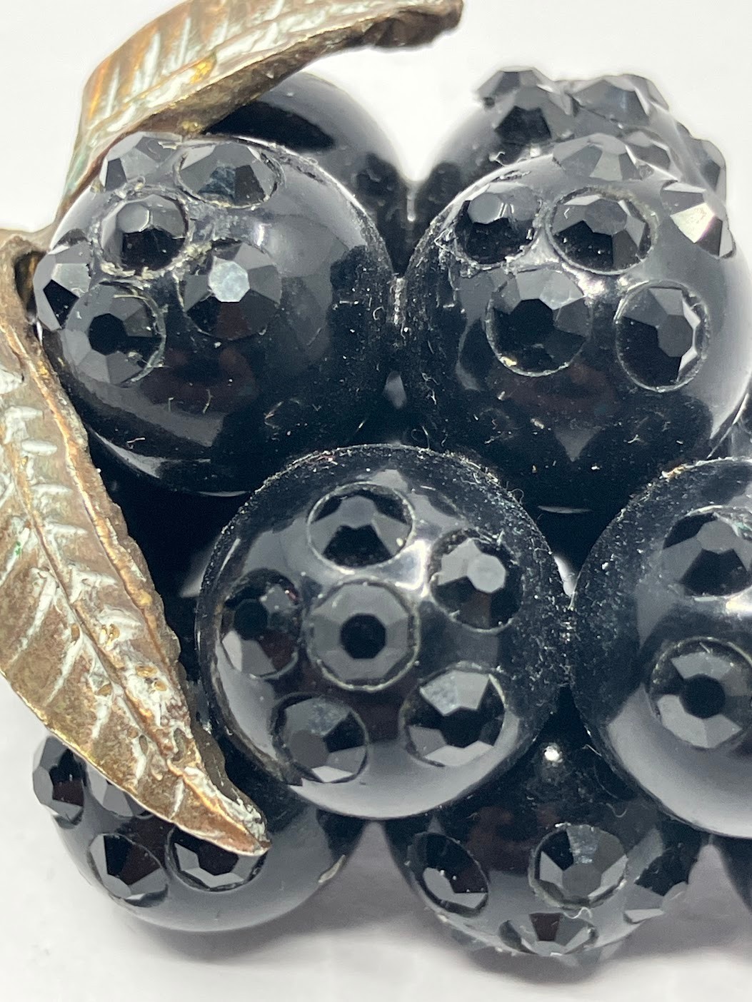 Vintage Forbidden Fruit Brooch Black Grape Cluster Lucite Rhinestones Pin