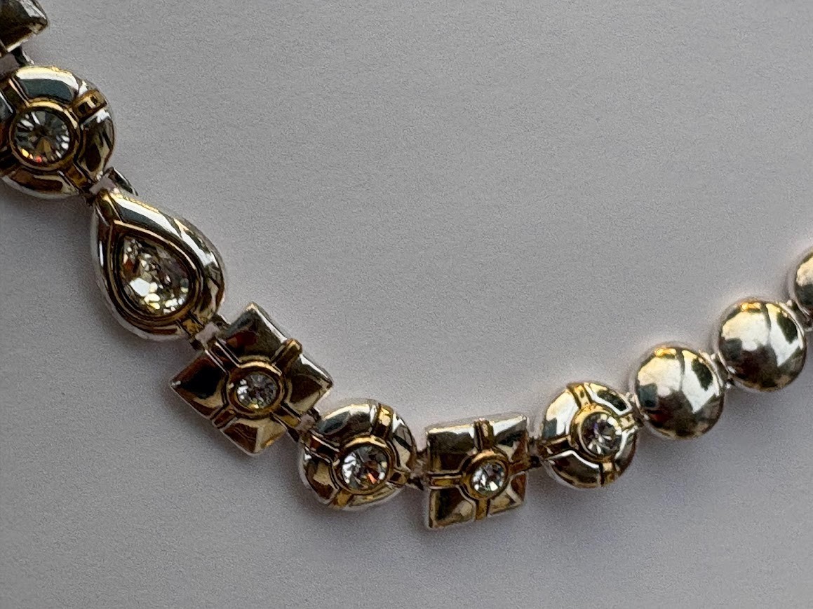 Vintage MONET Signed Two-Tone Silver/Gold Rhinestone Necklace 17″