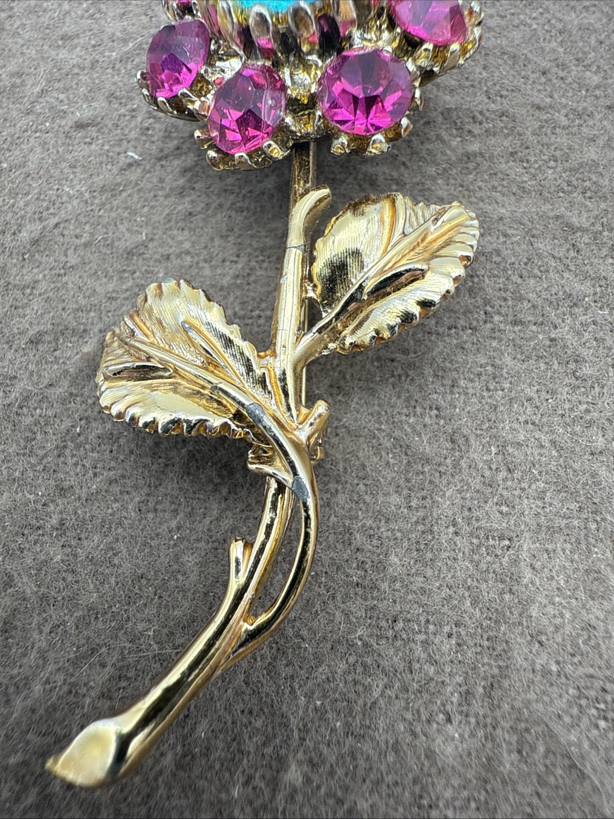 Vintage Figural Fucshia Pink and Teal Green Rhinestone Brooch Pin Gold Tone