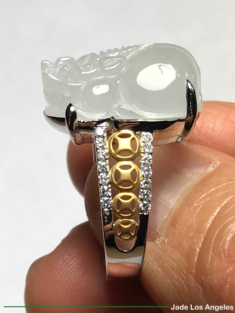 Pi Xiu Pixiu Icy Jadeite Jade 18K White/Rose Gold Diamond Ring 45ct Size:7.5