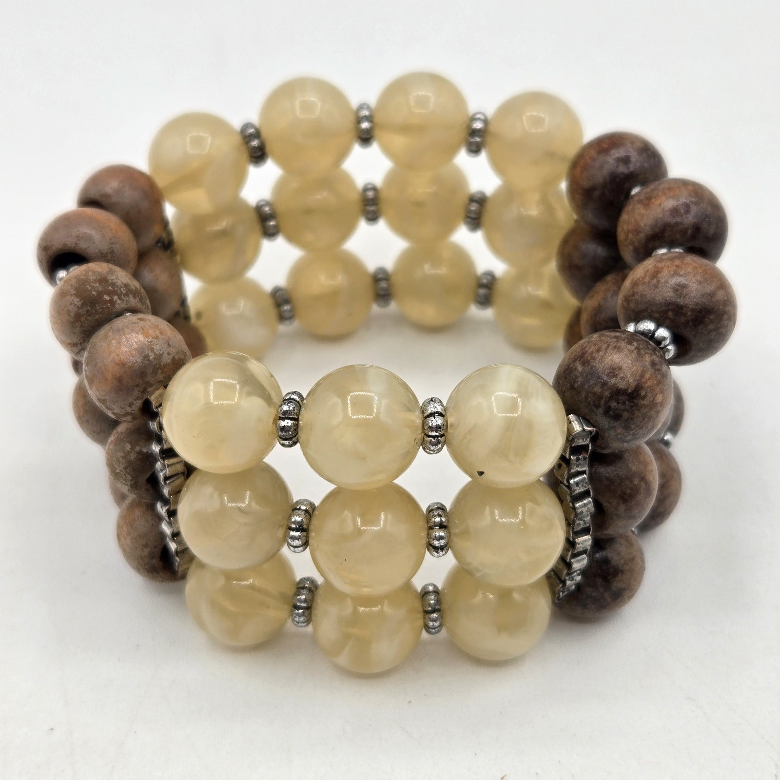 VTG Three Strand Wood and Lucite Beaded Stretch Bracelet Silver Accents