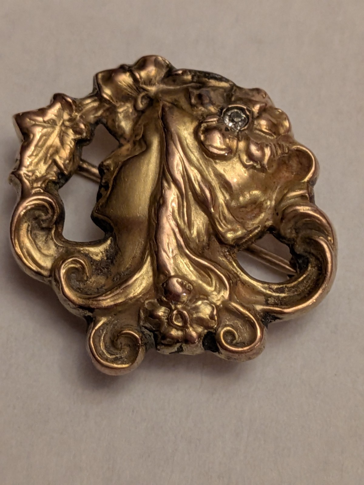 antique art nouveau 12k Yellow Gold Diamond Pin Pendant Goddess Of Spring 3.22g