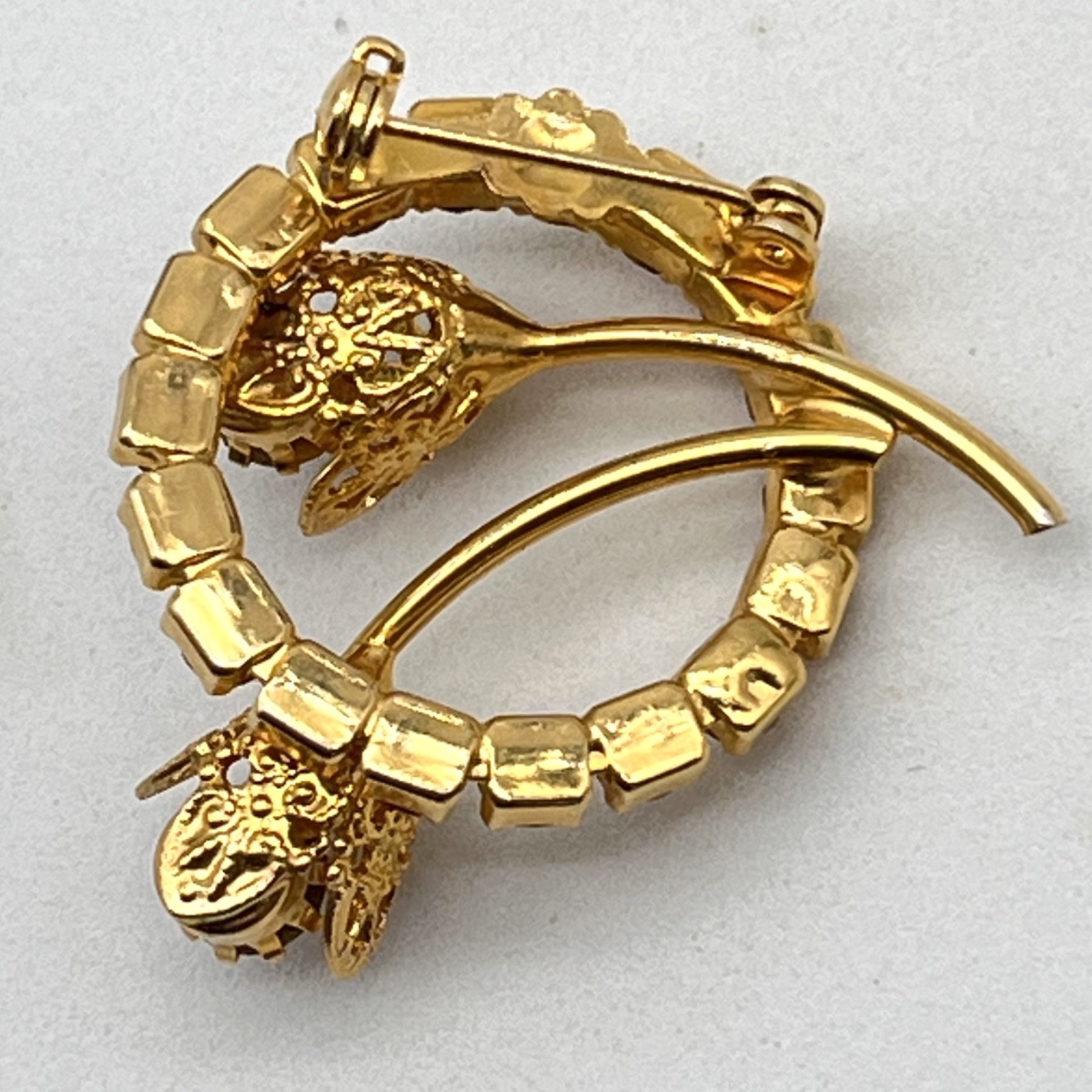 Vintage Flower Brooch Yellow Rhinestones Gold Tone Filigree 1.25″