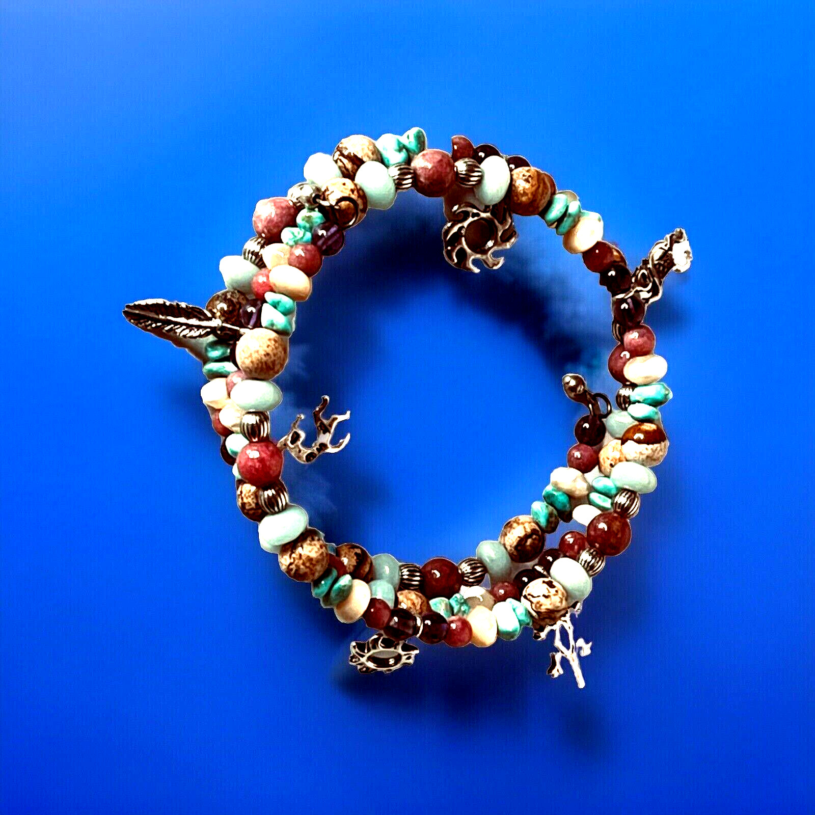 Vtg South Western Genuine Stone Bead Bracelet 6 Sterling Silver Indian Charms
