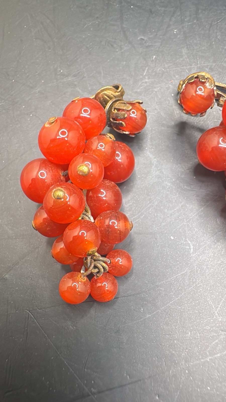 Vintage Glass Burnt Orange Grape Cluster Clip On Earrings