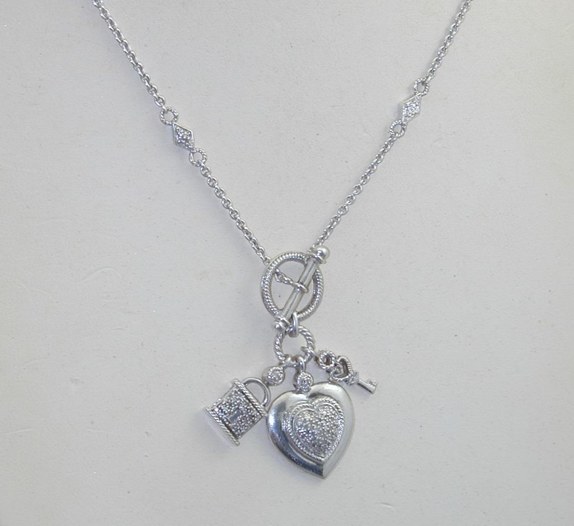 JWBR Sterling Pave Diamond Heart Lock & Key Charm Station Necklace
