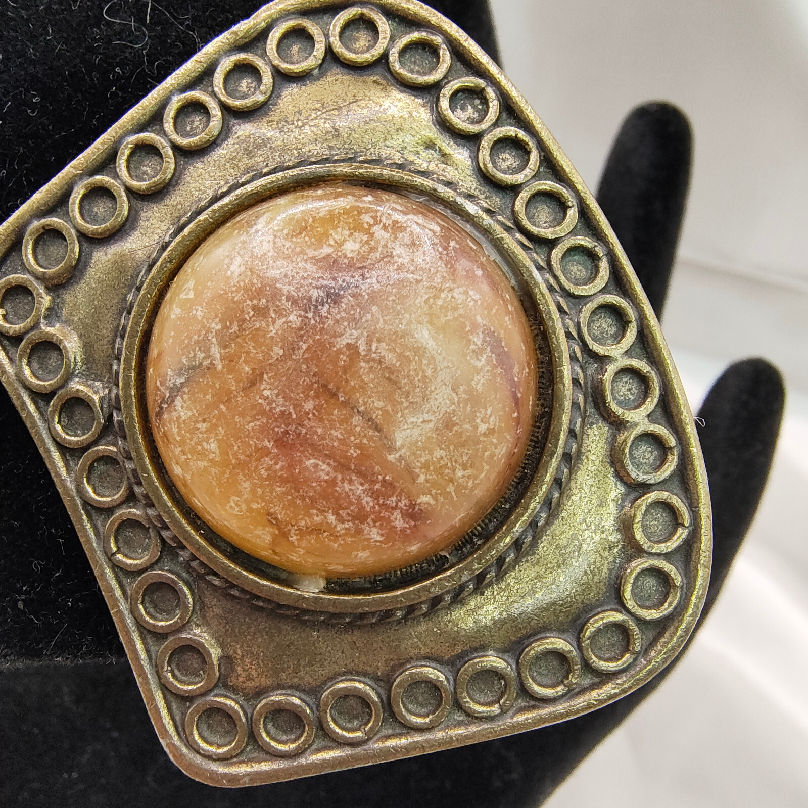 VTG Brutalist Earrings Clip On Brass Plated Unpolished Stone Ornamented Border