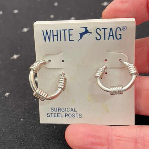 VTG Surgical Steel Posts Earrings White Stag Silver Color Hoops