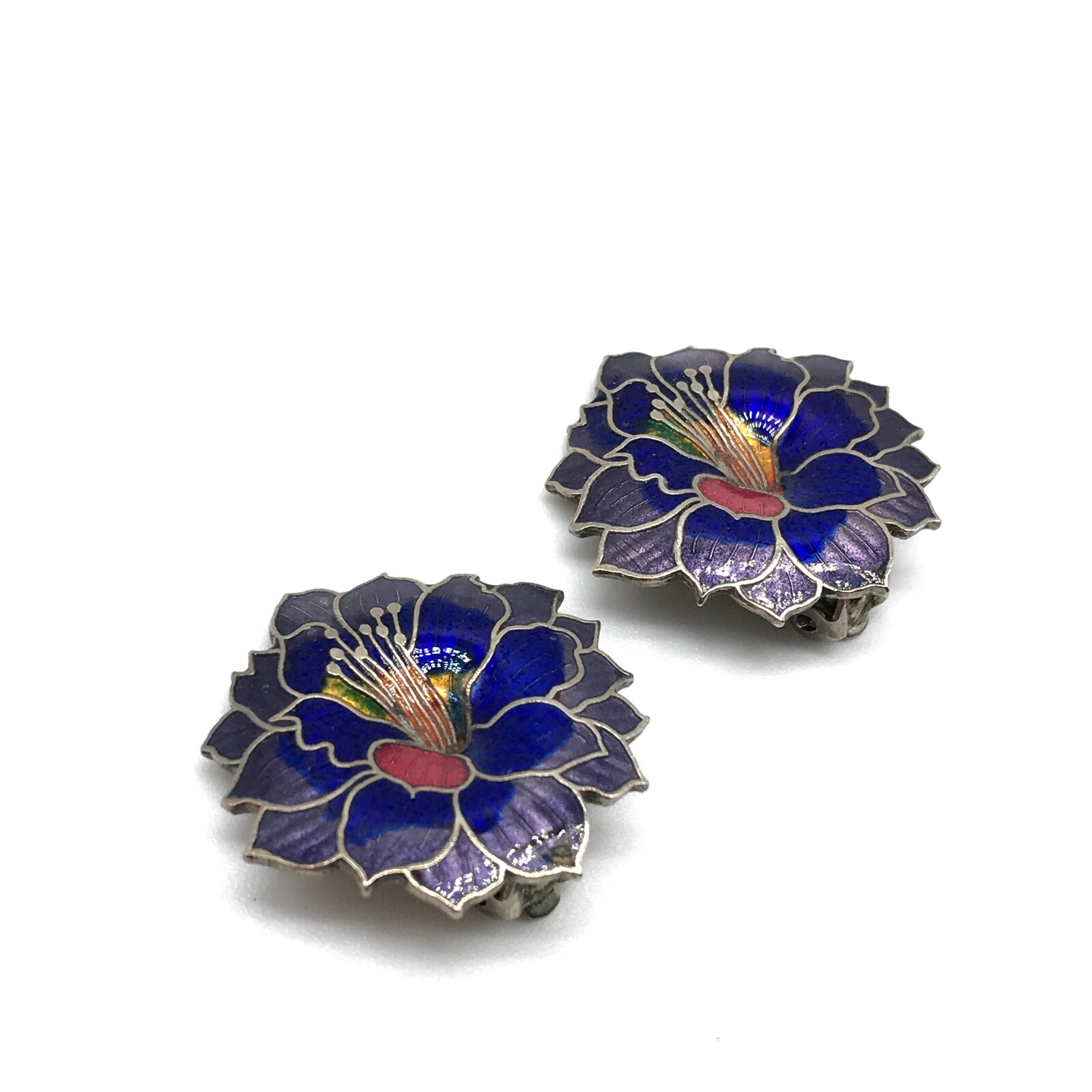 Vintage Purple Blue Enamel Silver Tone Flower Clip On Earrings