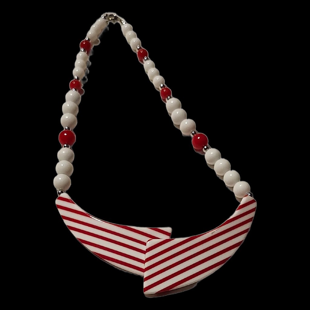 VTG 60s/80s Mod Red White Striped Bib Necklace Candy Stripe W/ Lg White Beads