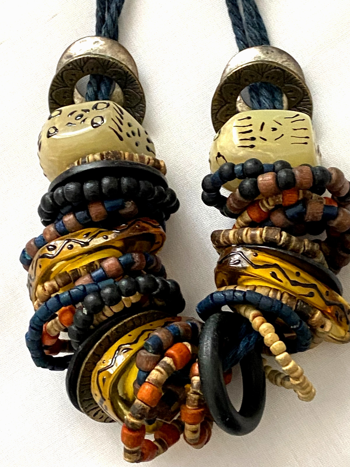 Chico’s ~ Chunky Blue Cord Wooden Resin Metal Rings Beaded Necklace Boho Tribal