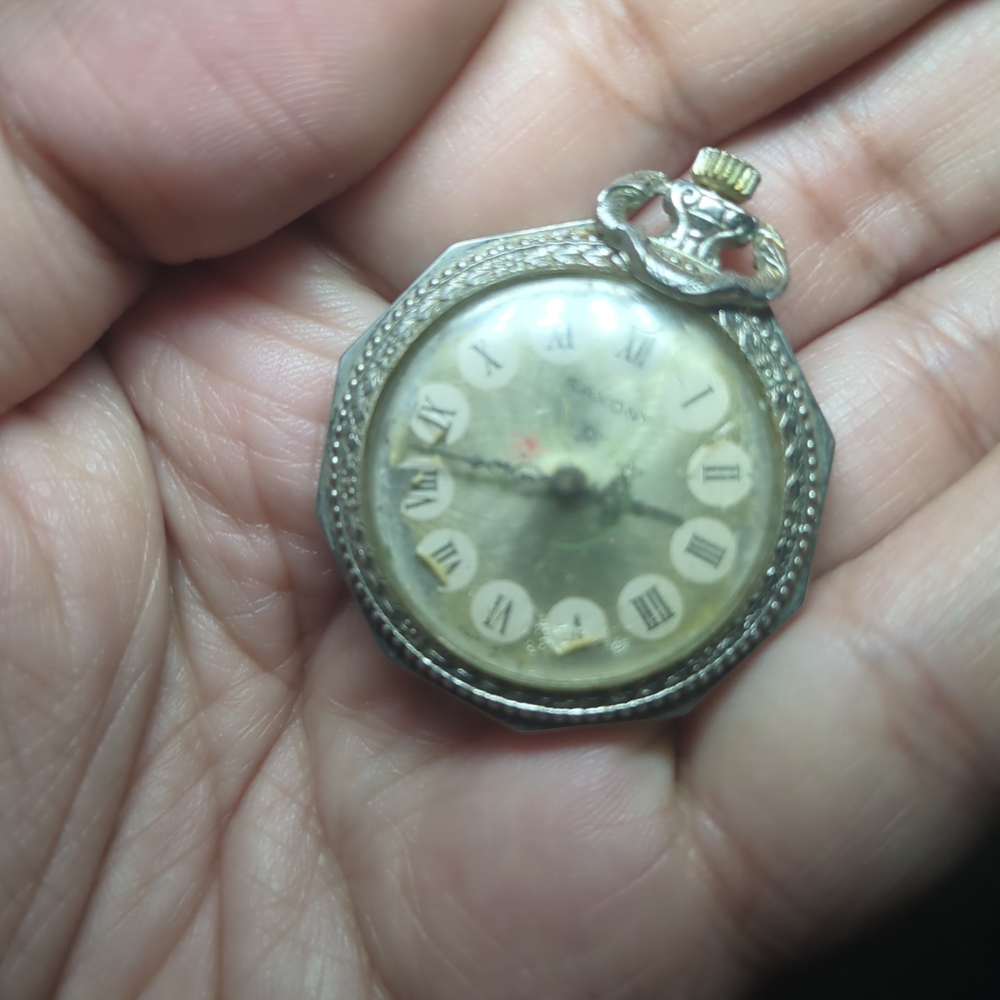 Vintage Saxony Ladies Silver Pendant Watch Manual Wind No Chain For Repair