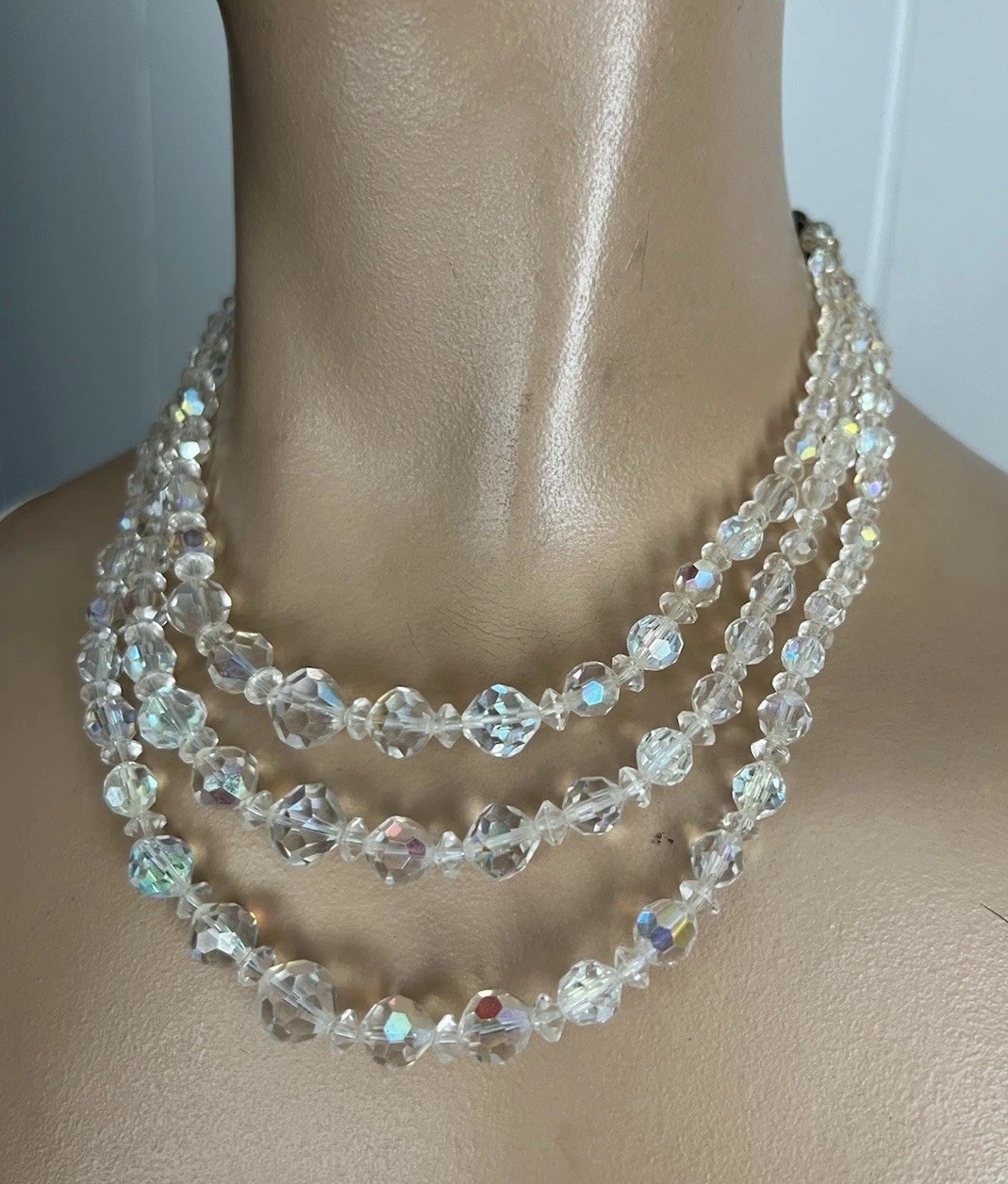 Vintage 3 Strand AB Aurora Borealis Crystal Glass Faceted Bead Necklace Crafts