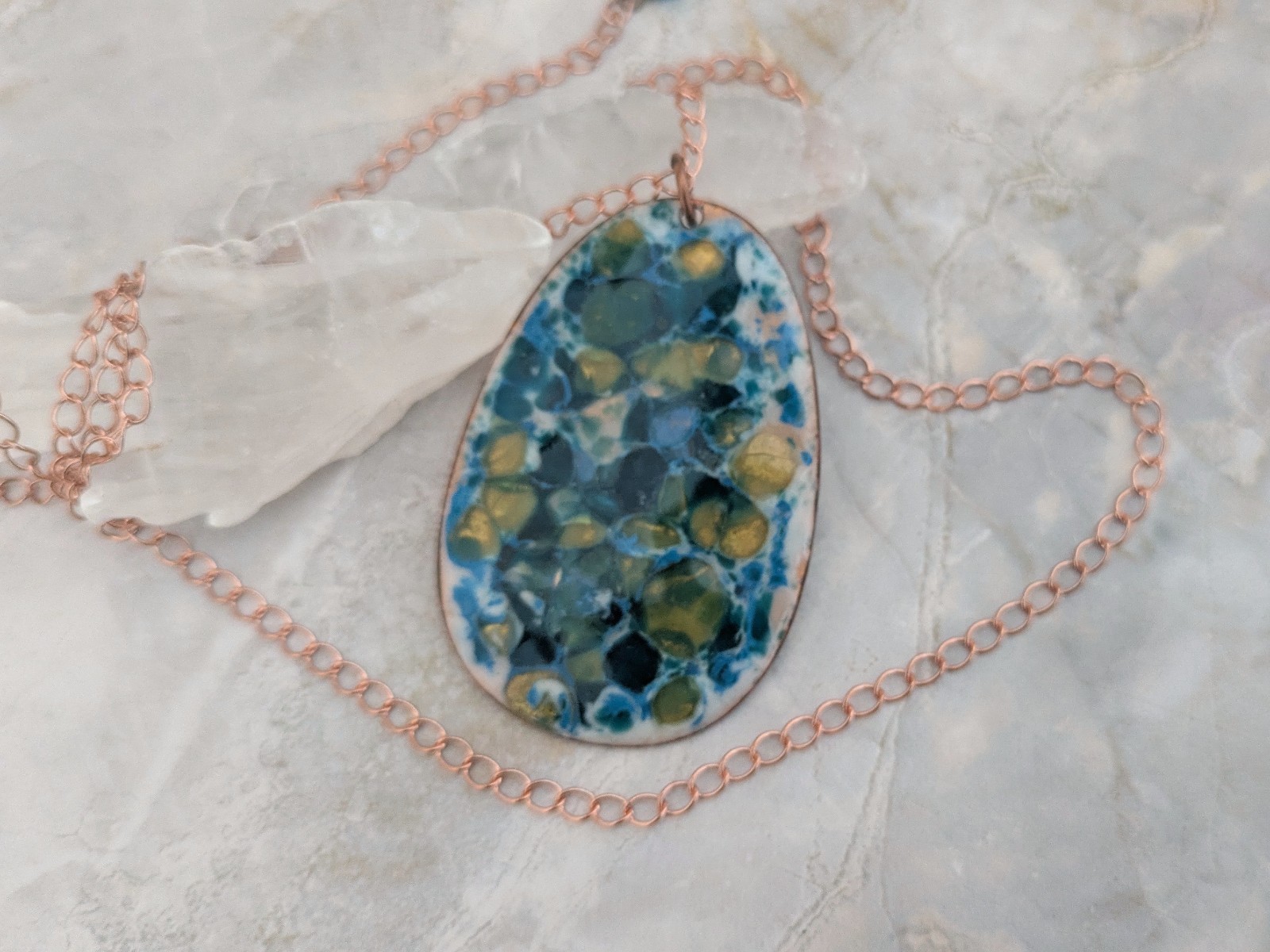 Vintage Enamel on Copper Turquoise Pendant Necklace, Mid Century Modern, 2.5″