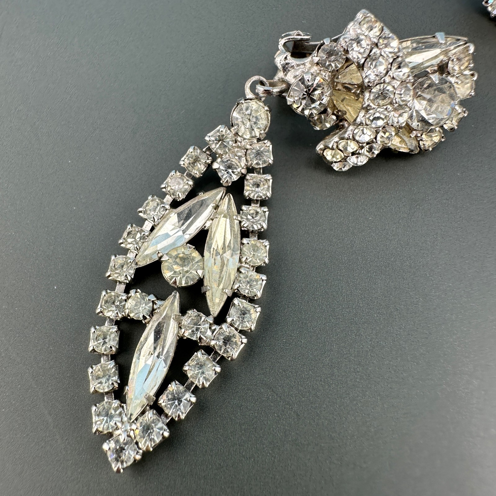 Vintage Rhinestone Earrings Chandelier Drop Clip On Statement Bridal Art Deco