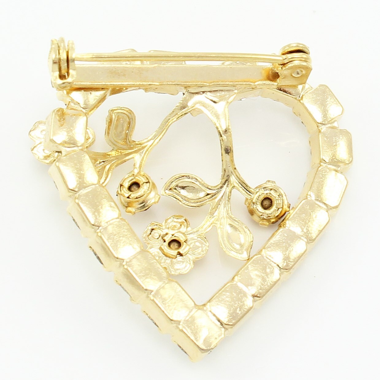 Vintage Clear and Red Rhinestone Heart and Flowers Brooch Pin 1960s
