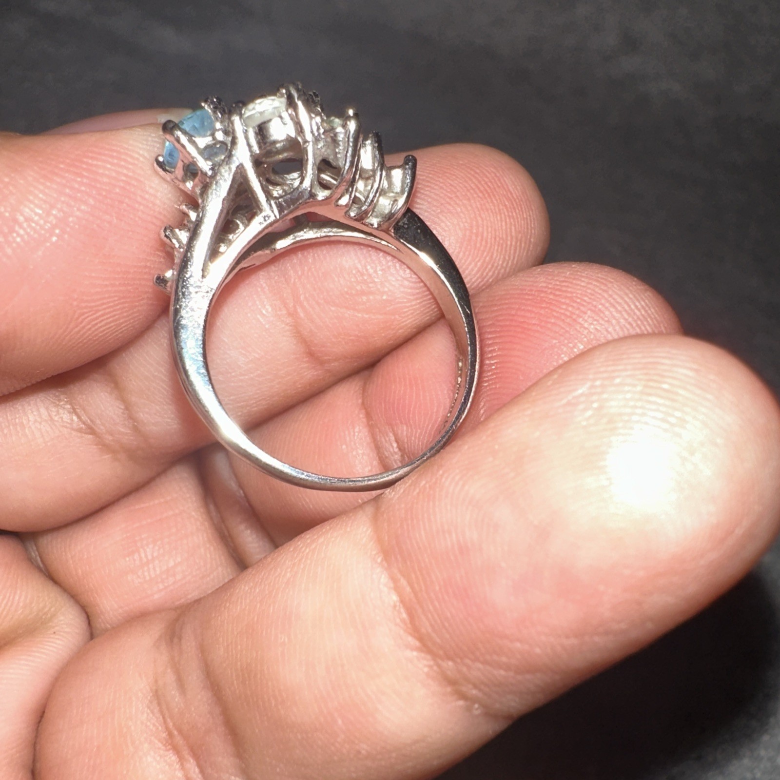 Vintage NV Signed Blue Topaz White Quartz Sterling Silver Band Ring Sz 6