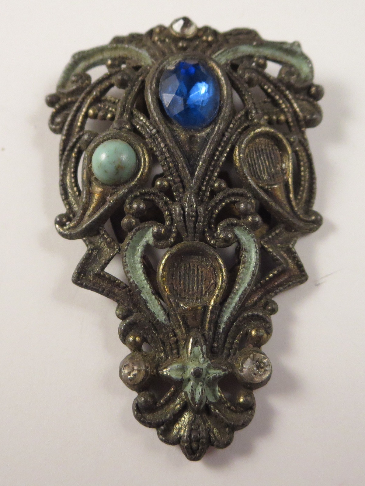 Antique Art Deco NE Signed New England Glass Works Blue Rhinestone Dress Clip