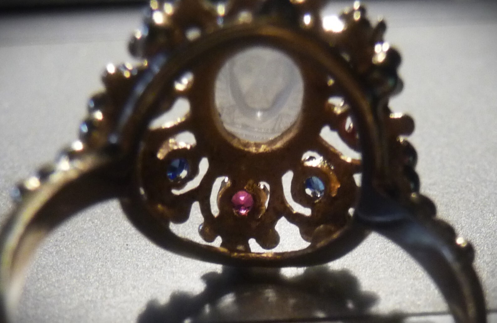 AMAZING RARE VINTAGE 14K ETRUSCAN MEDUSA MOONSTONE RUBY SAPPHIRE HALO RING!