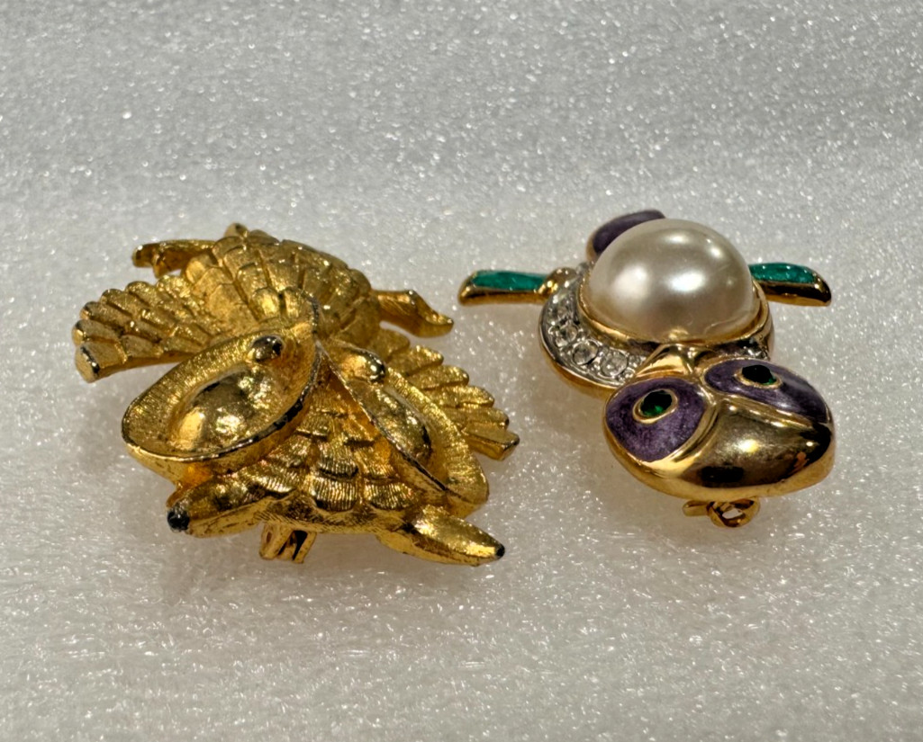 Lot of 4 Vtg Owl Bird Pins Brooches Rhinestones Mixed Metals Articulated Jonette