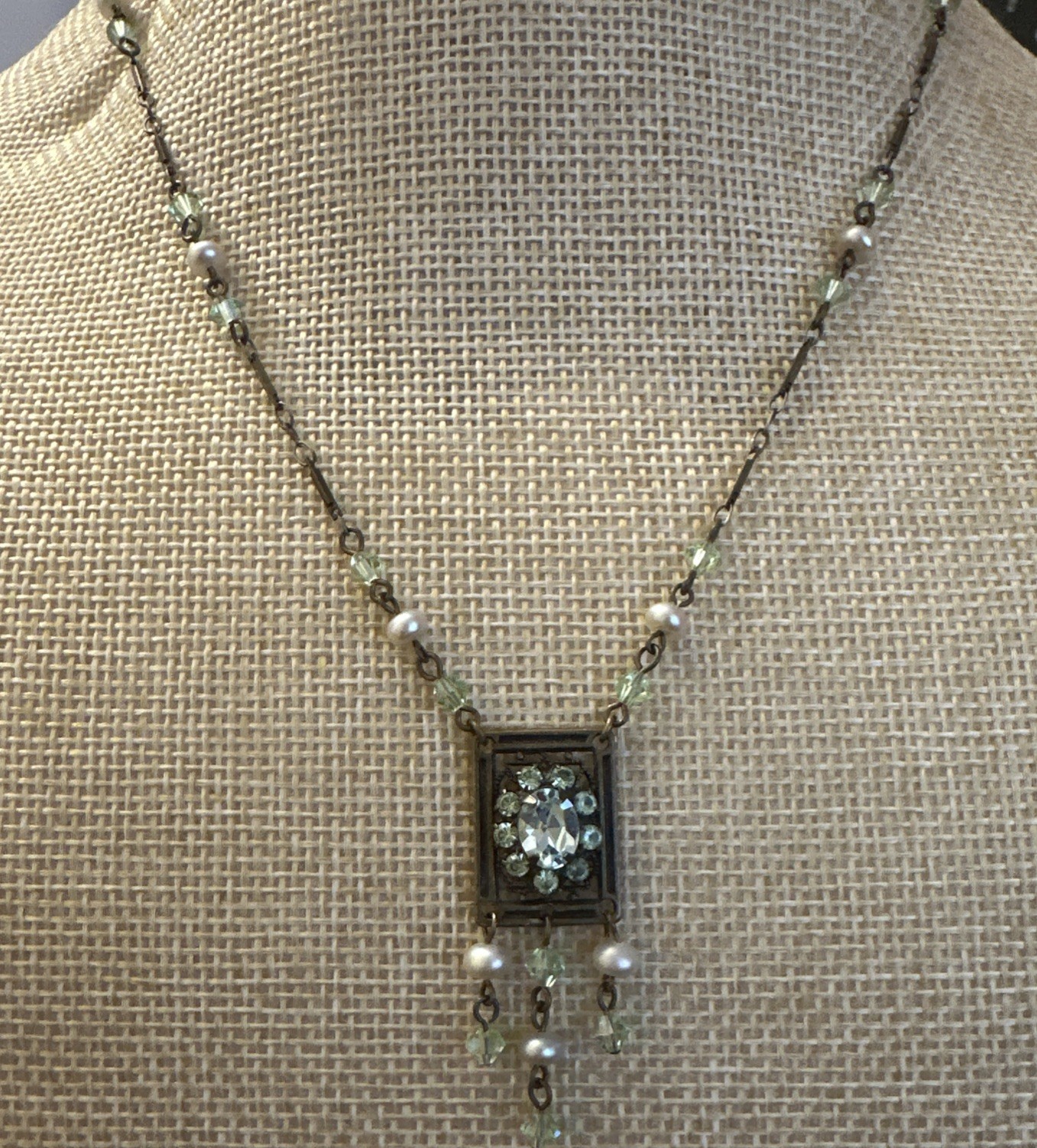 Liz Palacious SF Necklace Peridot Color Rhinestones & Crystals Victorian Revival