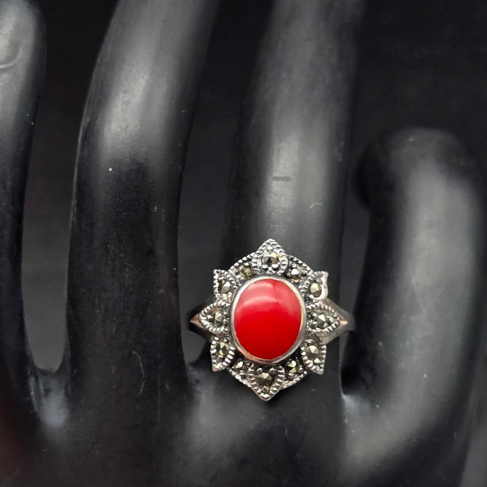 Sterling Silver Red Coral Marcasite Ring Size 7.75 925 Vintage