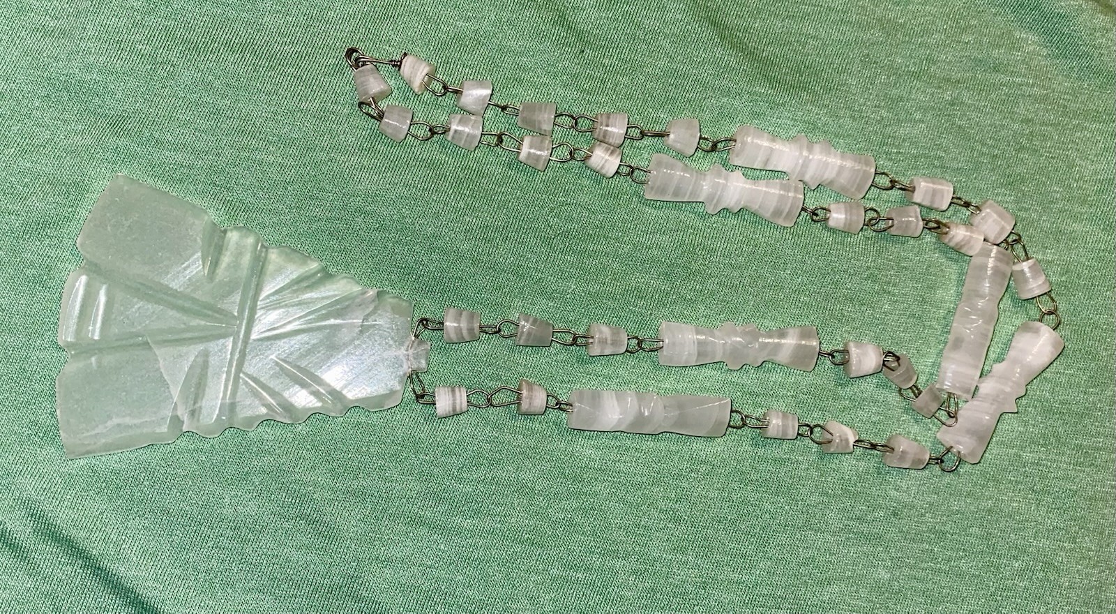 Vtg Mexican Agate White Etched Necklace Pendant Beaded Aztec