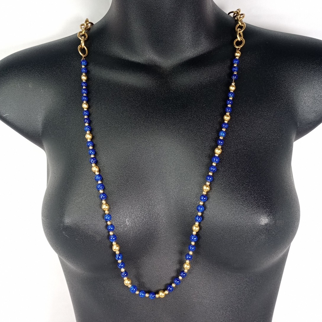 Vintage Convertible Blue Beaded Gold Tone Necklace Faux Pearl Drop 34″