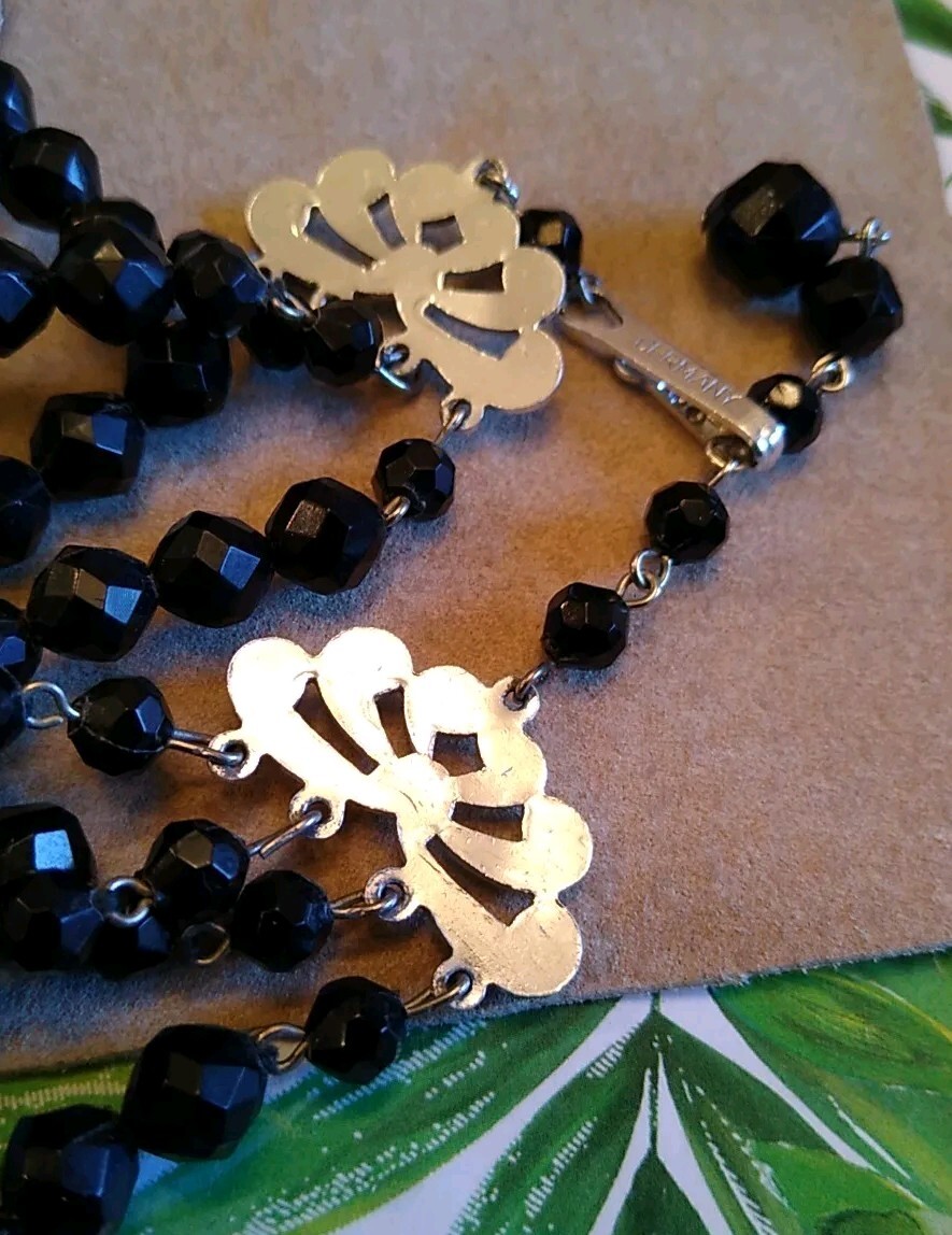 VTG Stamped “GERMANY” Only Plastic Black Faceted Bead Triple Strand Necklace!