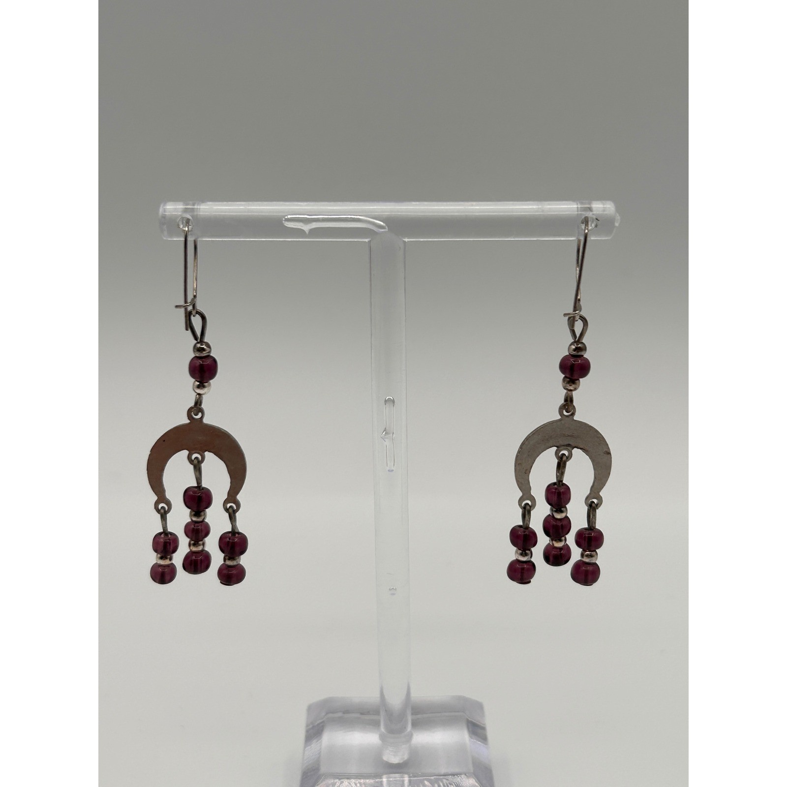 Vintage Silver Tone Purple Beaded Chandelier Dangle Drop Earrings Boho