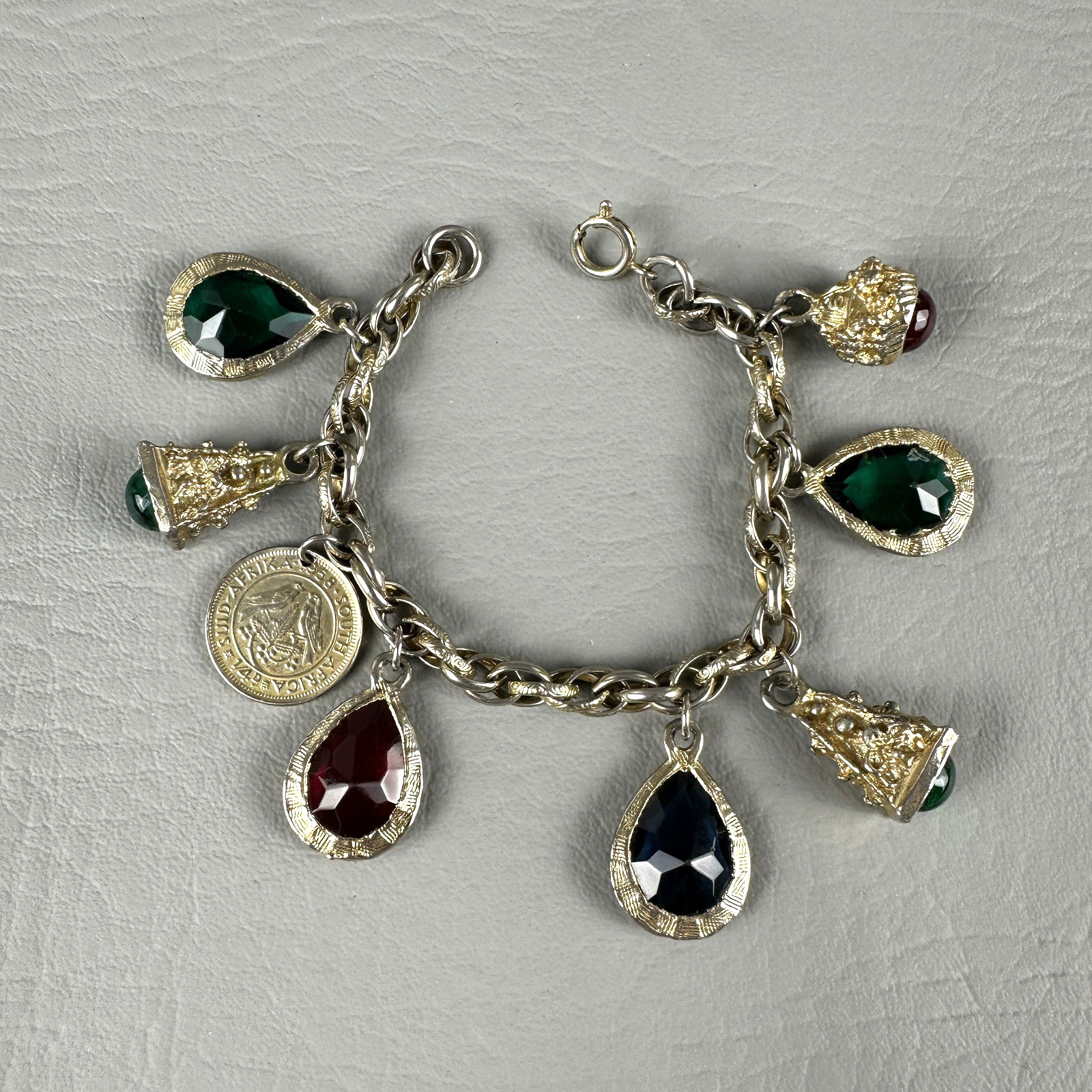 Vintage Charm Bracelet Gold Tone Glass Charms South Africa Coin 6.5″