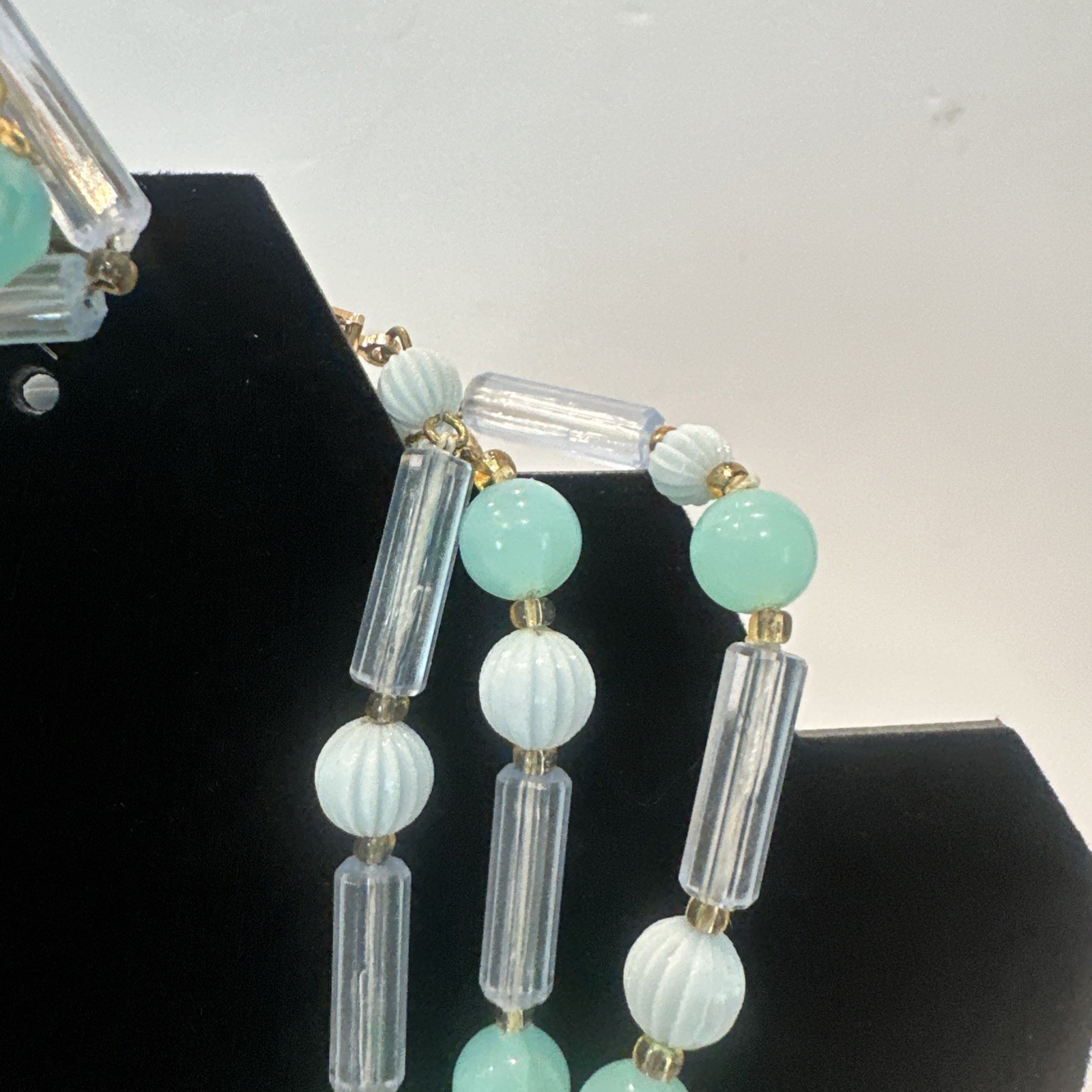 W Garnany Beaded 3 Strand necklace and Clip On Earring Set Mint Blue