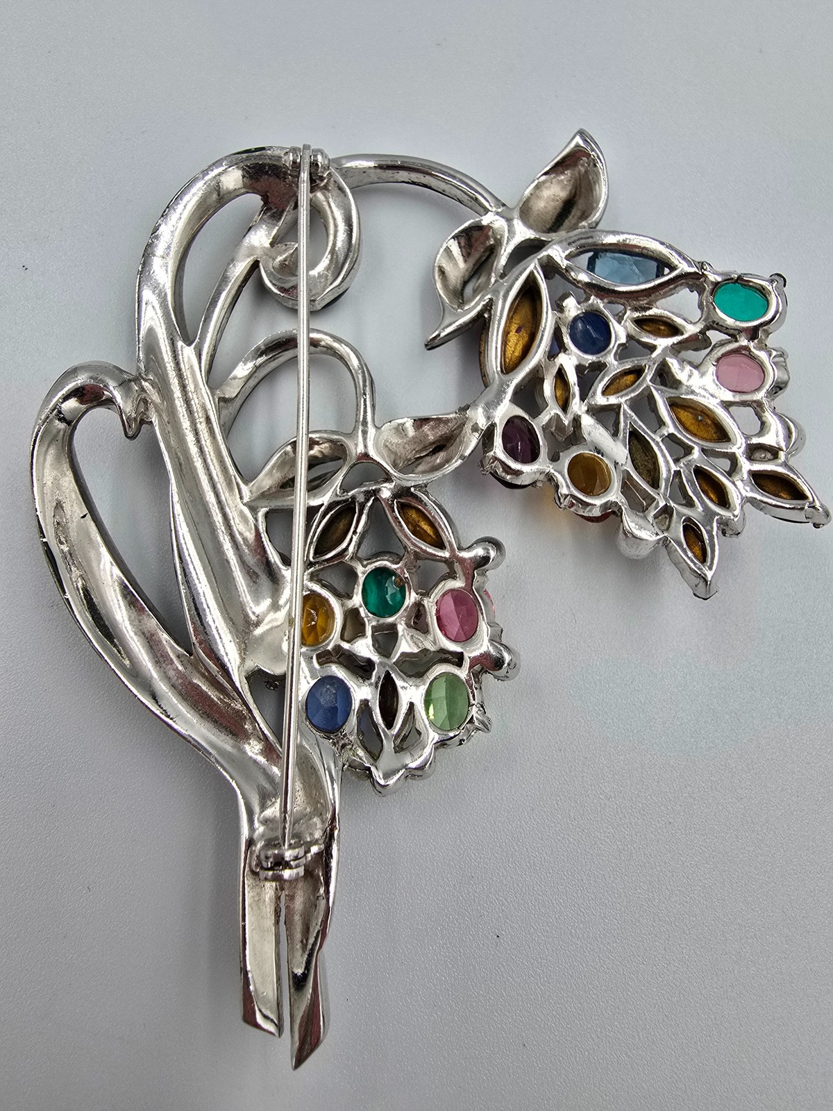 Vintage Enamel Pot Metal Flower Brooch Pin Multicolor Rhinestone Floral Bouquet