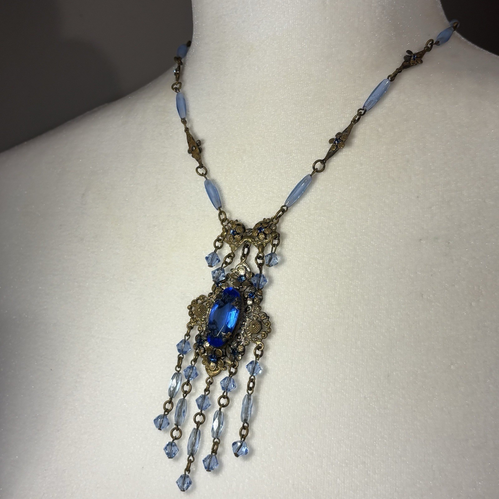 Vtg Czech Art Deco Brass Filigree Sapphire Blue Glass Fringe Festoon Necklace