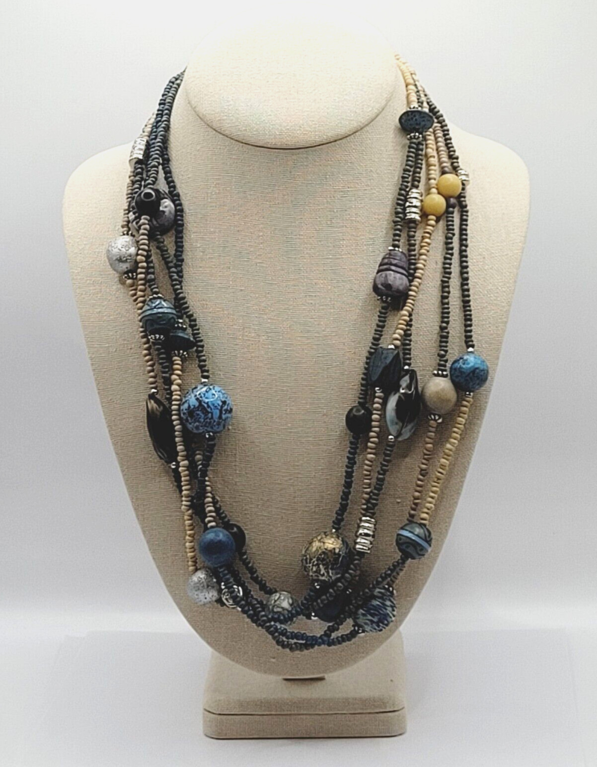 Peacock Blues Silver Tone Multi Strand Unique Bead Styles Vintage Necklace 24 In