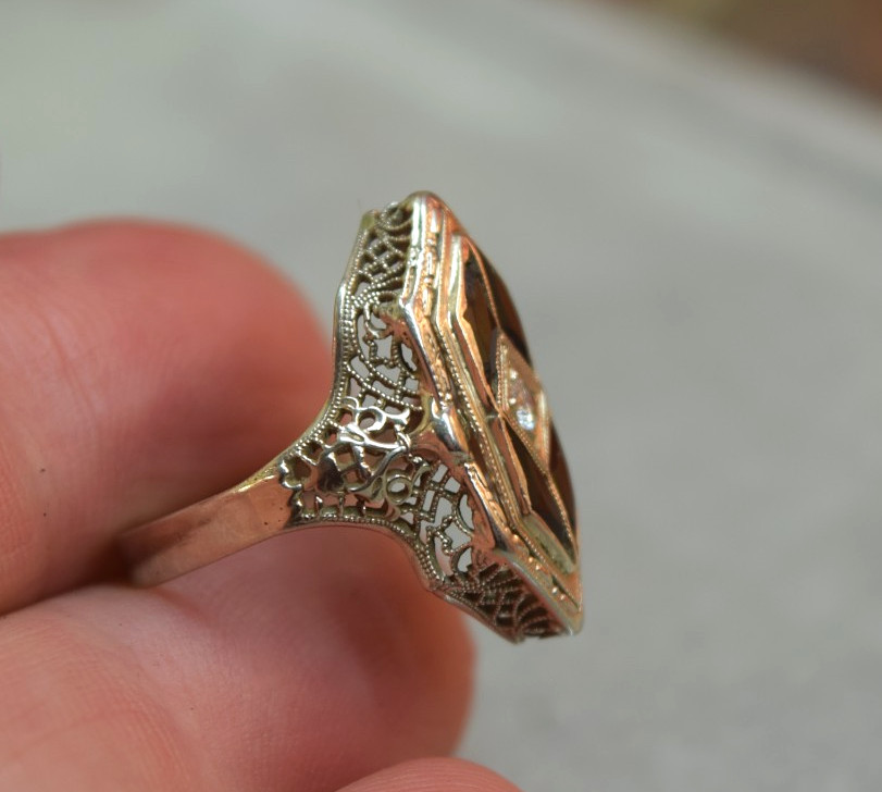 Antique Art Deco 14K White Gold Filigree Black Onyx Diamond Ring sz