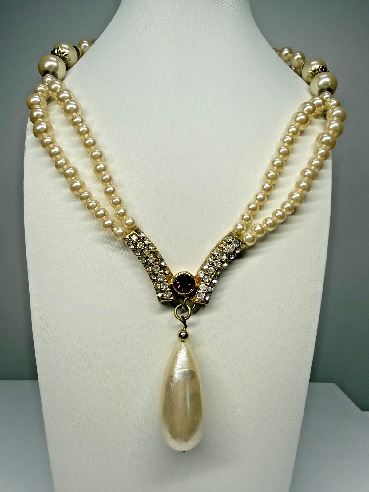 vtg 18″ Double Strand Faux Pearl Teardrop V Necklace 10kt Gold plated Wedding