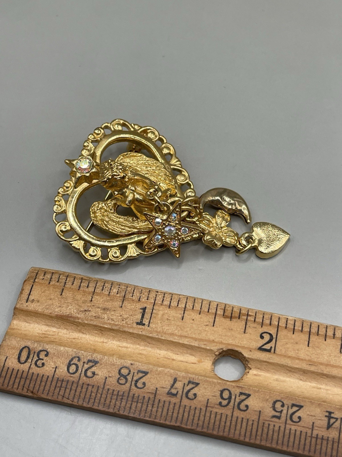VTG Kirks Folly GoldTone Angel Cherub Heart Star Moon Charms Crystals Pin Brooch