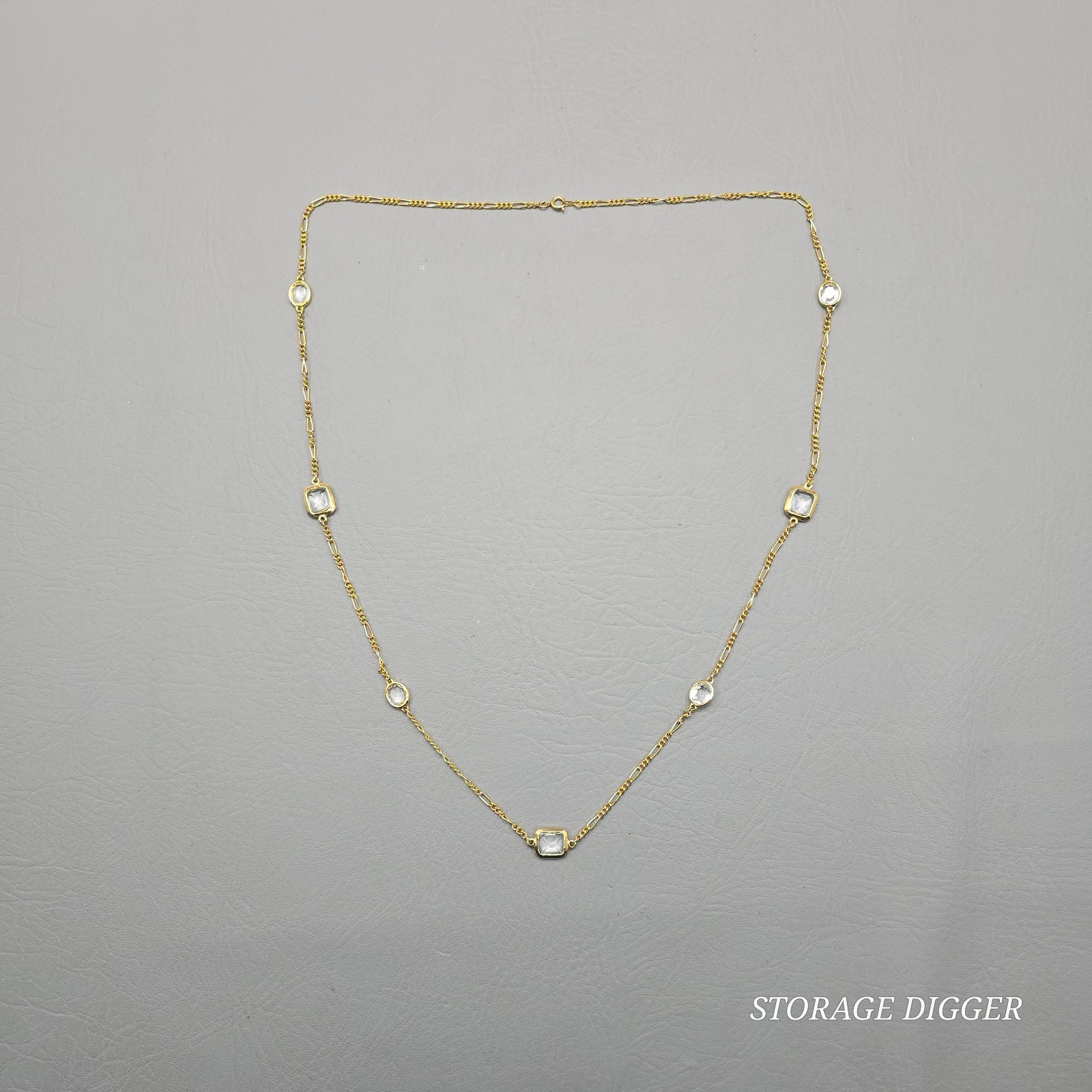 VTG Clear Crystal Bezel Gold Tone Metal Bar Link Chain Station Necklace 35″ Long
