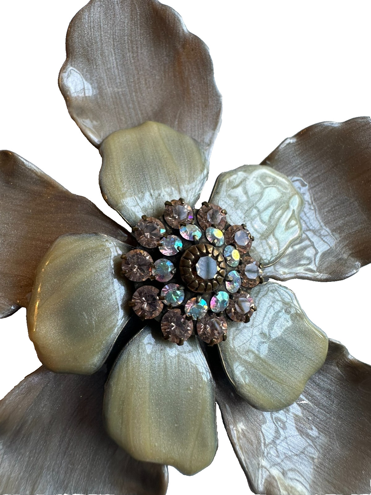 LIZ PALACIOS SF LARGE ENAMEL FLOWER BROOCH w/ PINK & IRIDESCENT STONES 3.5″ DIA