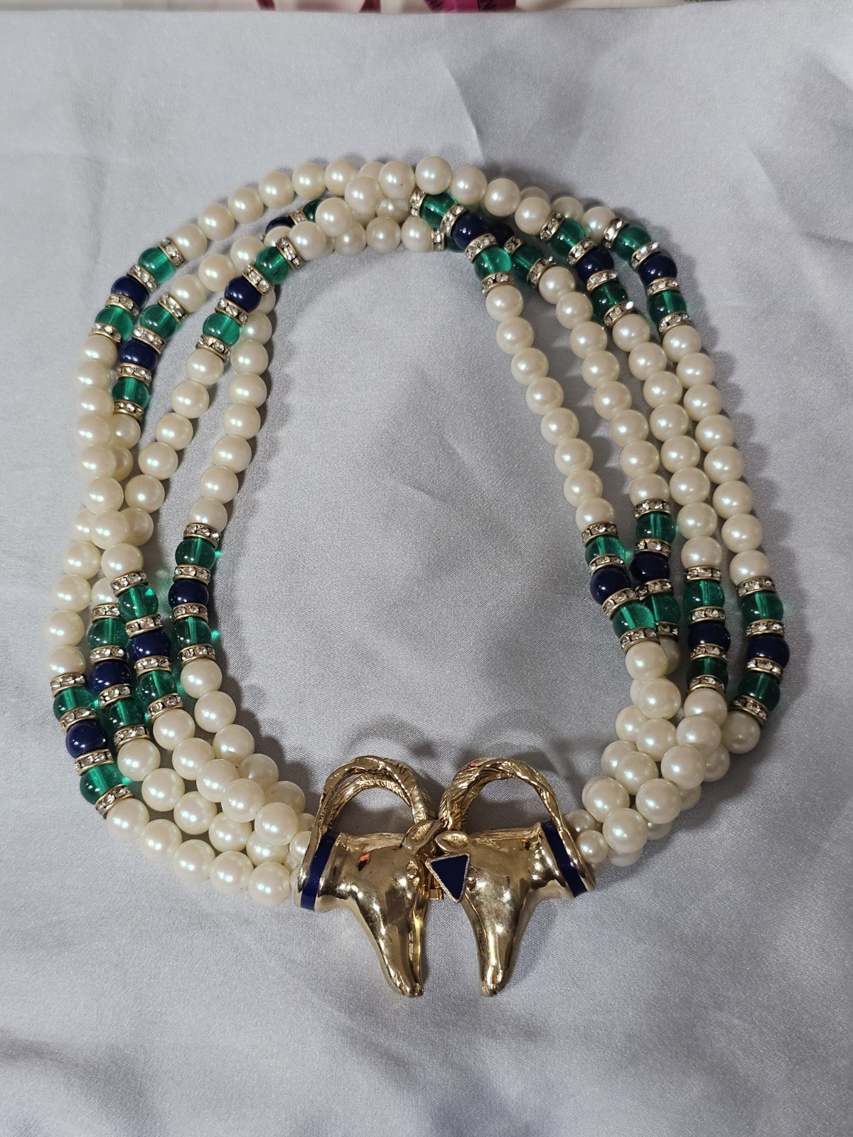Vintage Purple Enamel Goldtone 2 Ram Heads 15.5 ” Necklace GAY BOYER Faux Pearl