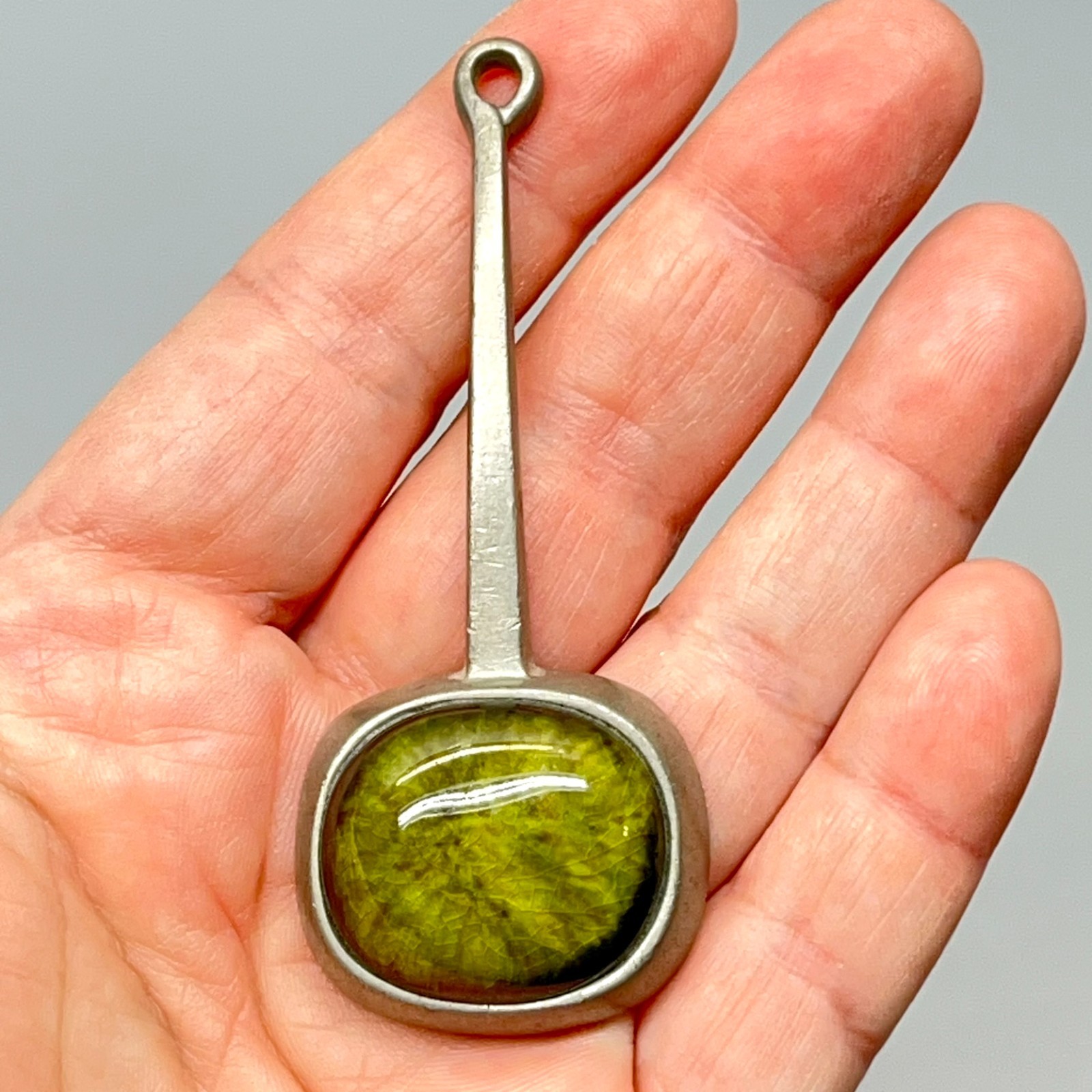 Signed Roland Landerholm Tenn Vintage Modernist MCM Pewter Green Ceramic Pendant