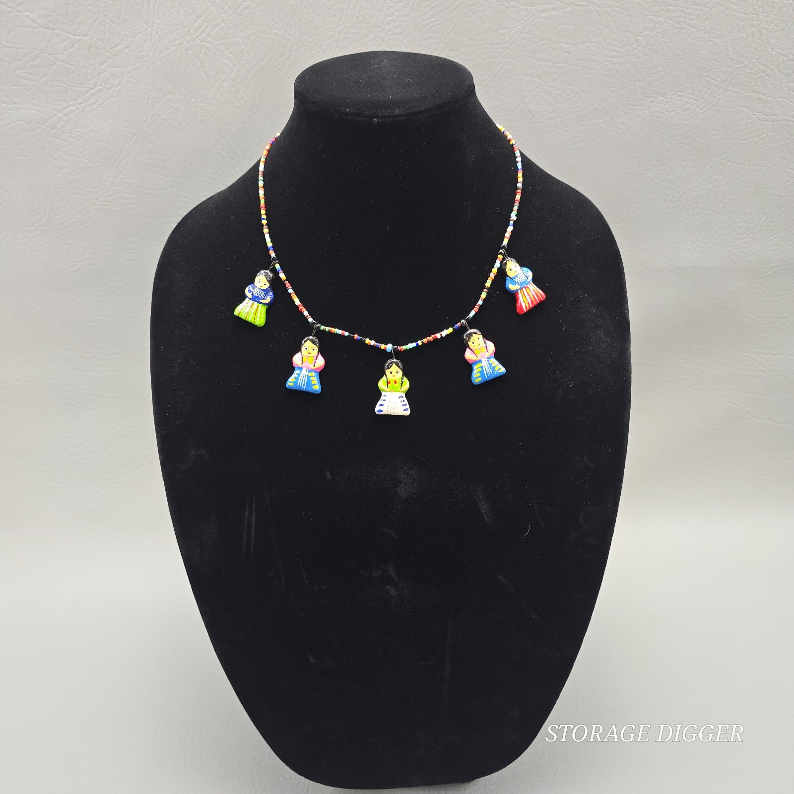 Vintage Folk Art Ceramic Doll Charm Necklace Multicolor Seed Bead Handmade 19″