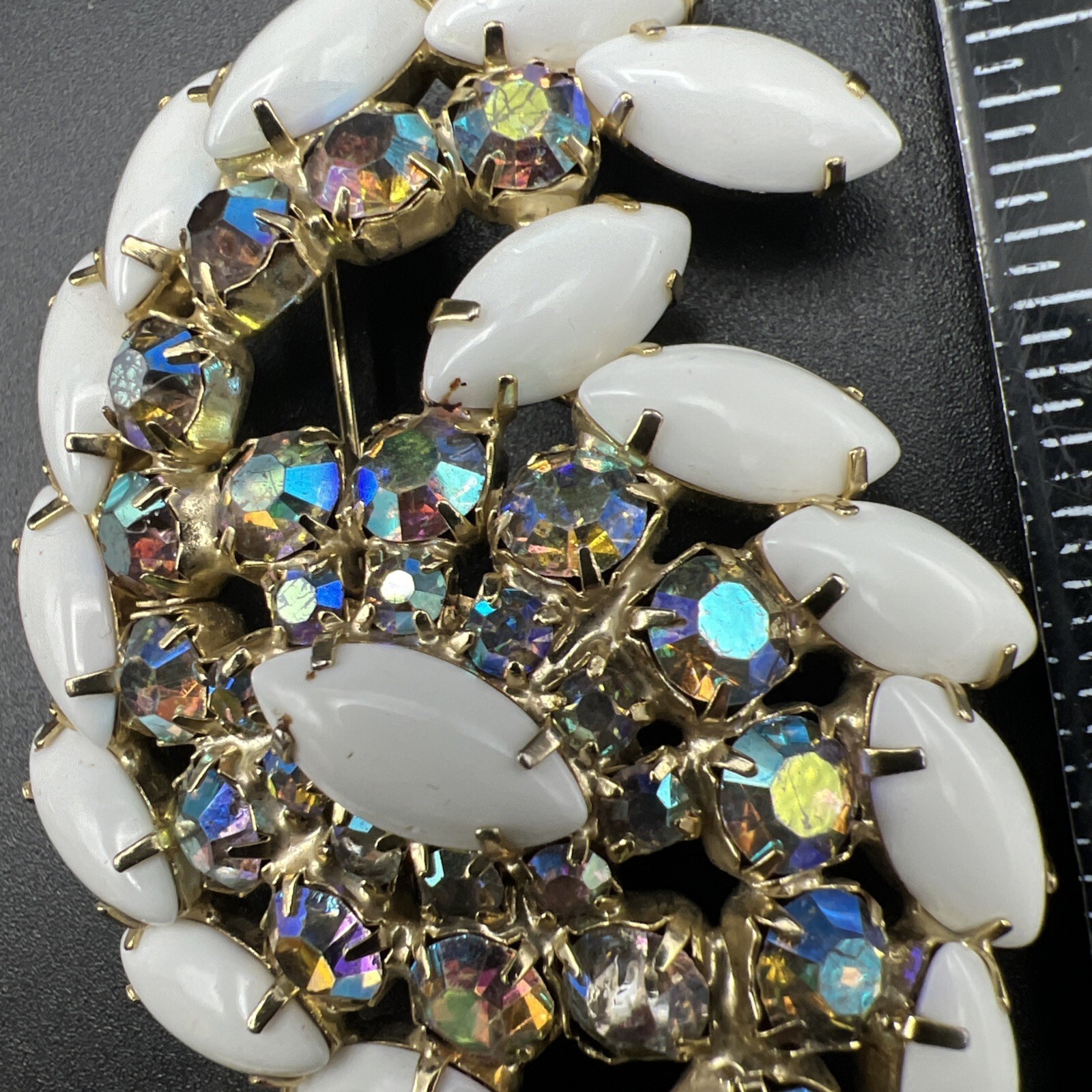 Vintage Aurora Borealis Rhinestone Milk Glass Large Swirl 3″ Brooch Pin