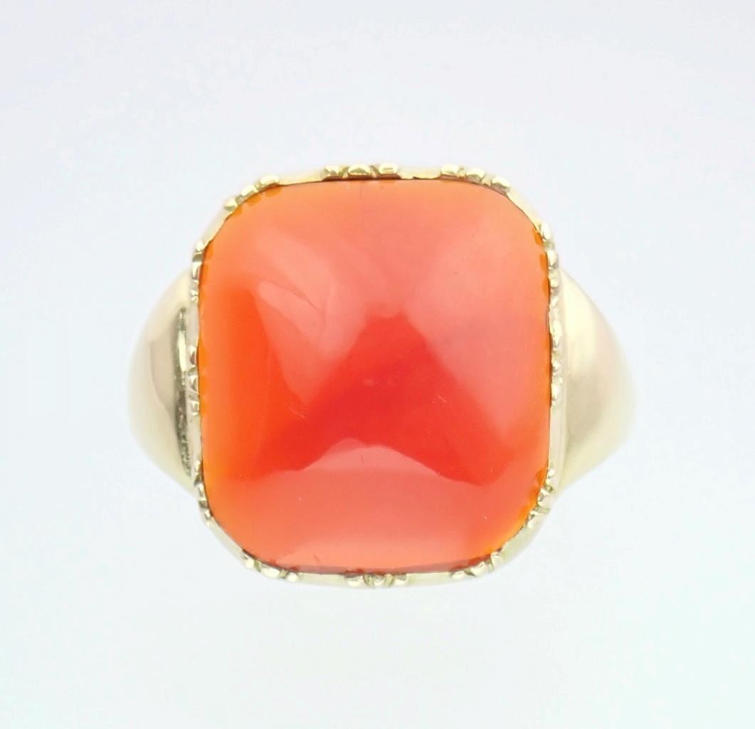 Glowing Antique Victorian DEAKIN & FRANCIS 9K Gold Carnelian Sugarloaf Ring Sz 7