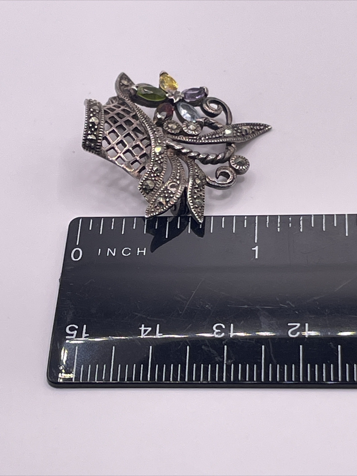 VTG Sterling Silver Marcasite Gemstone Flower Basket Brooch Pin Designer Signed