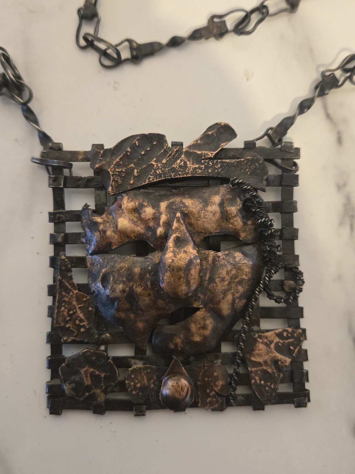 Vintage Brutalist Pendant Necklace Brass Bronze Tone Metal Necklace